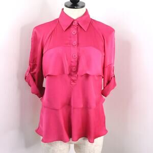 Apostrophe Women’s SP Petite Magenta Pink Satin Tiered Ruffle Collared Blouse
